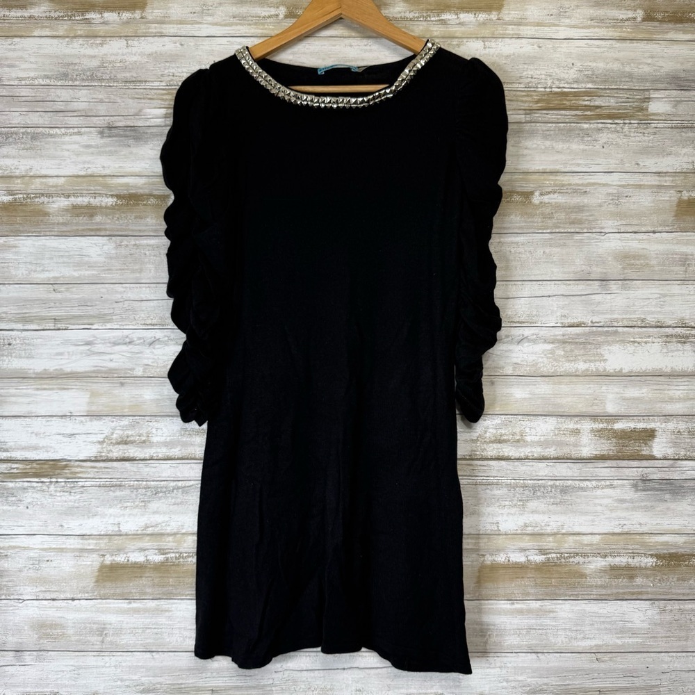 Alice + Olivia Women’s Studded Black Rouched Sleeve Knit Dress size Medium
